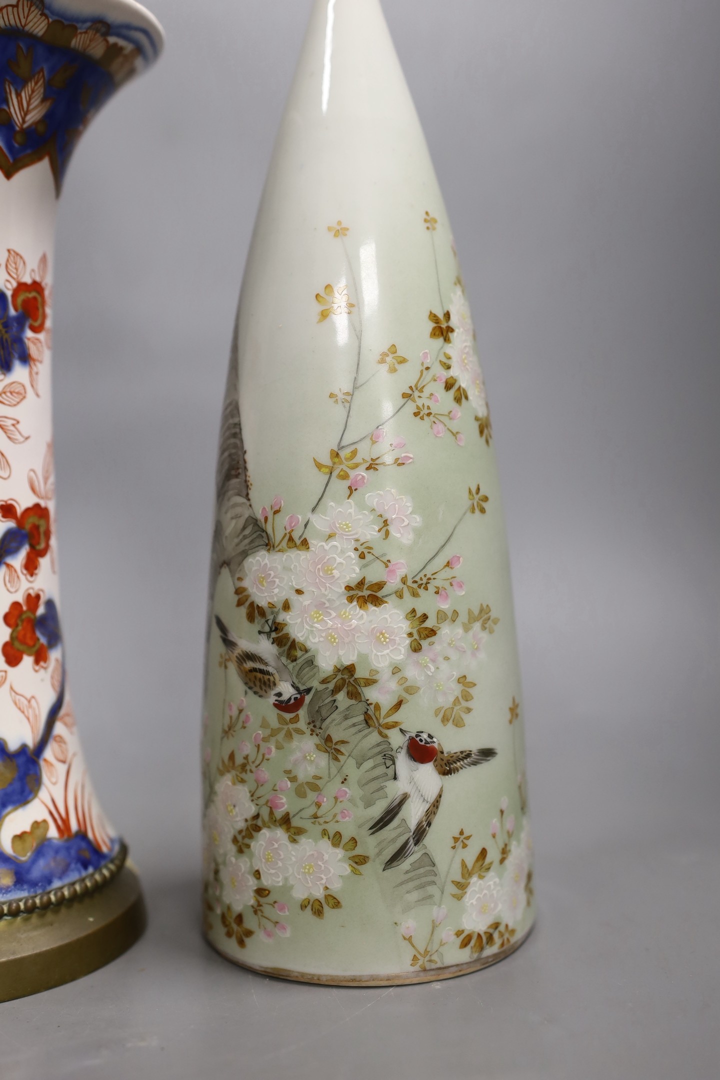 A Meissen Imari lamp base and a kutani conical shaped wall pocket